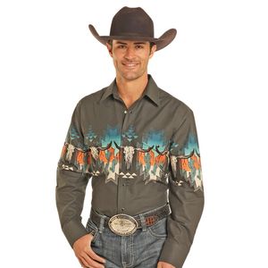 Panhandle Men's Aztec Skull Border Long Sleeve Shirt - Charcoal