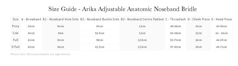 LeMieux-Arika-Anatomic-Noseband-Bridle-Size-Chart