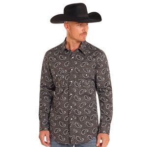 Rock & Roll Denim Men's Paisley Print Long Sleeve Snap Stretch Western Shirt - Black