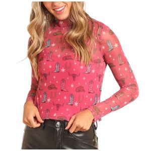 Rock & Roll Denim Women's Quirky Conversation Mesh Top - Pink