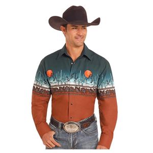 Panhandle Slim Men's Tooled Leather Border Print Western Snap Shirt - Navy/Rust