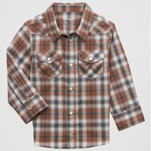 Wrangler Kids'  Long Sleeve Snap Front Plaid Western Shirt - Brown Bark