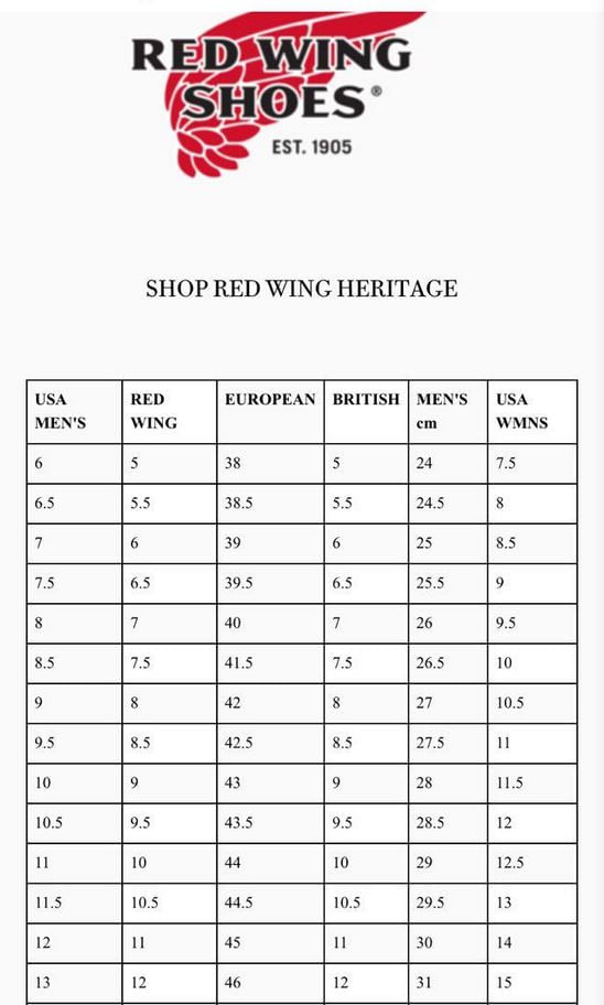 Red-Wing-size-Chart