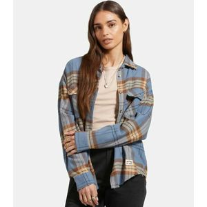 Bowery Women's Classic Long Sleeve Flannel Shirt - Flint Blue/Pincecone Brown Plaid