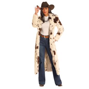 Panhandle Women's Cow Print Long Fur Coat - Cream