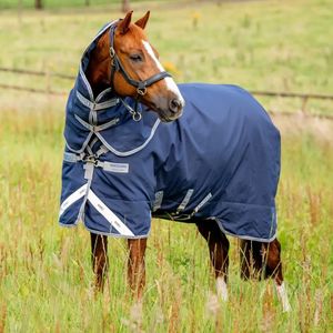 Rhino Plus Turnout Blanket (100g Lite) with Hood - Navy/Titanium Grey/Classic Blue