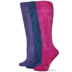 Wrangler Ladies Cowgirl Boot Pattern Knee High Socks 3 Pack - Fuchsia/Navy/Purple