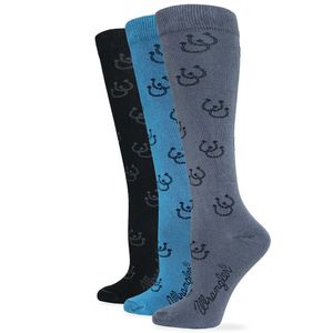 Wrangler Ladies Cowgirl Boot Pattern Knee High Socks 3 Pack - Grey/Teal/Black