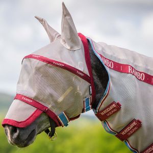 Horseware Rambo Plus Fly Mask (Ears & Nose) - Oatmeal/Cherry, Peach & Blue