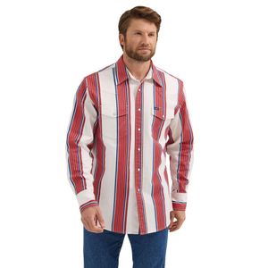 Wrangler Men's Vintage-Inspired Brushpopper Western Snap Workshirt - Cherry Stripe