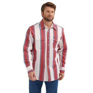 Wrangler Men's Vintage-Inspired Brushpopper Western Snap Workshirt - Cherry Stripe