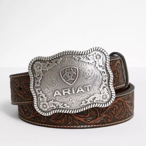 Ariat Men's Floral Embossed Leather Belt with Antiqued Silver Buckle - Brown
