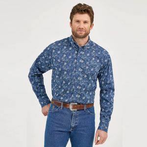 Wrangler Men's Wrangler® George Strait™ Long Sleeve Button Down Two Pocket Shirt - Berry Blue Paisley