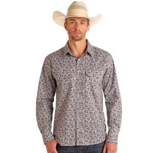 Panhandle Men's Modern Vintage Retro Paisley Long Sleeve Snap Shirt - Cream