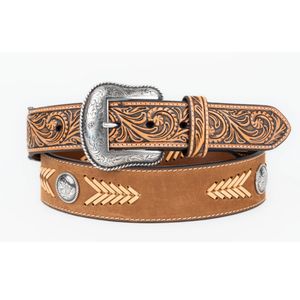 Nocona Tooled Concho and Lace Body Leather Belt - Brown
