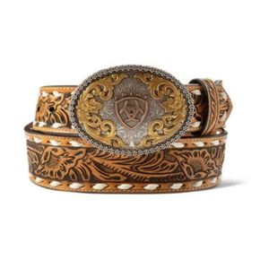 Ariat Floral Embossed Leather Belt with Oval Buckle - Natural
