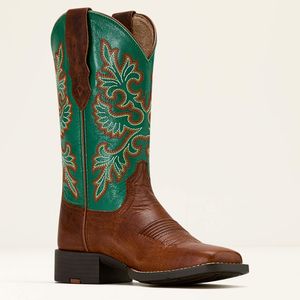 Ariat Women's Round Up Wide Square Toe - Arizona Brown/Aged Jade