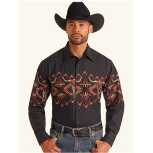 Panhandle Men's Longhorn Aztec Border Long Sleeve Shirt - Black