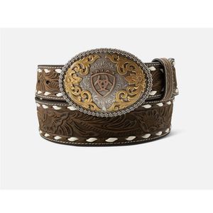 Ariat Tooled Leather Belt with Oval Buckle - Aged Bark