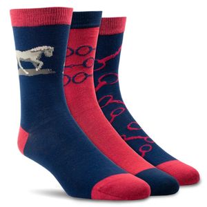 Ariat Charm Crew Socks (3 Pair) - Navy/Red Snaffle