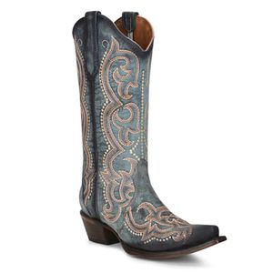 Corral Boots Women's Embroidery and Triad Snip Toe Cowboy Boot - Blue Jean