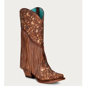 Corral Boots Women's Overlay White Embroidery Lamb Fringe Snip Toe Cowboy Boot - Honey