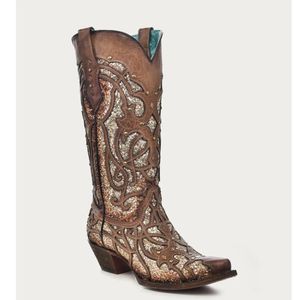 Corral Boots Women's Glittered Inlay and Studs Snip Toe Cowboy Boot - Orix Brown