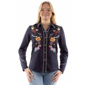 Scully Women's Bright Floral Embroidered Western Snap Long Sleeve Shirt - Navy
