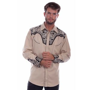 Scully Men's Floral Tooled Western Long Sleeve Snap Shirt - Tan