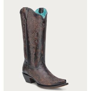 Corral Boots Women's Floral Embroidery Snip Toe Cowboy Boot - Black/Honey
