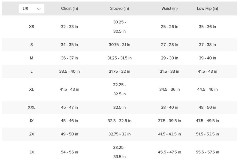 Ariat women's jacket size chart