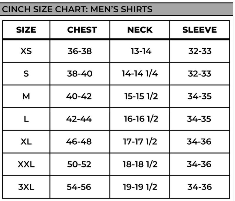 men shirt size chart